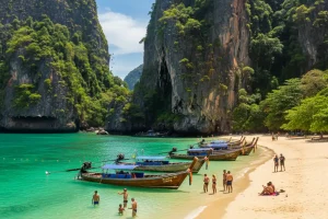 Stunning towering limestone karsts draped in tropical greenery rising sharply above the golden sands and long-tail boats of Railay Bay