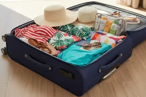 An open suitcase filled with vibrant swimwear, sunhats, and reef-safe sunscreen