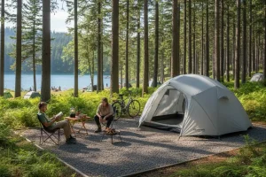 Sustainable campsite with a modern tent set up on a durable gravel surface among pines