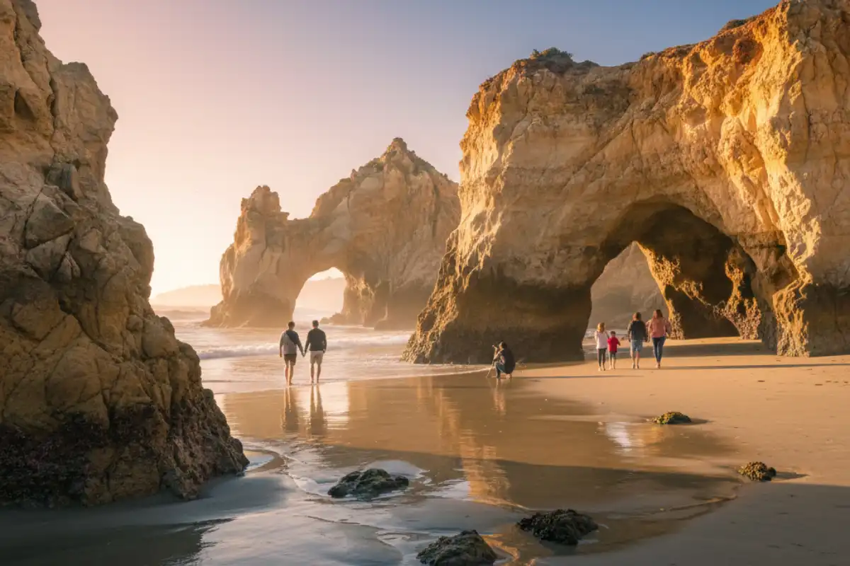 Towering sea caves and jagged rock formations at El Matador State Beach during low tide