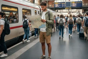 A traveler holding a map while standing on a busy train station platform