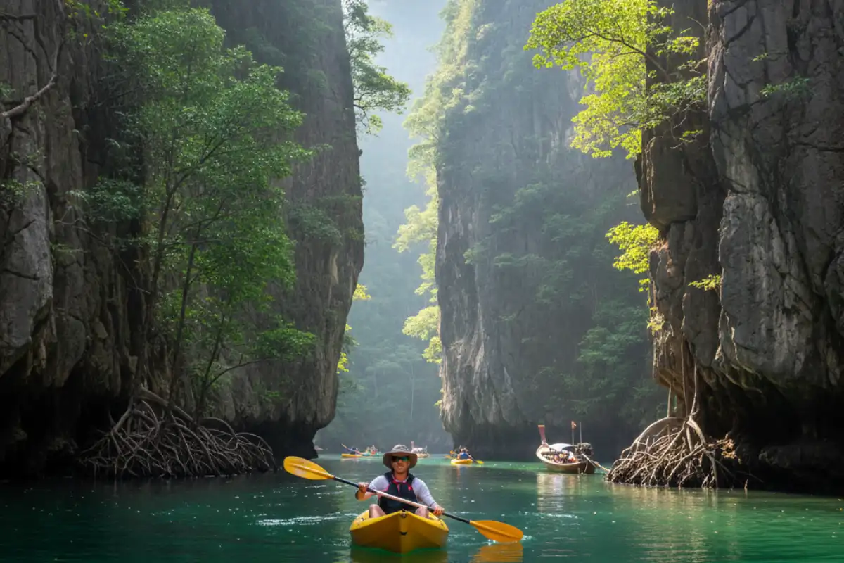 A traveler paddling a yellow kayak through the narrow, towering limestone canyons of Ao Thalane surrounded by dense mangroves