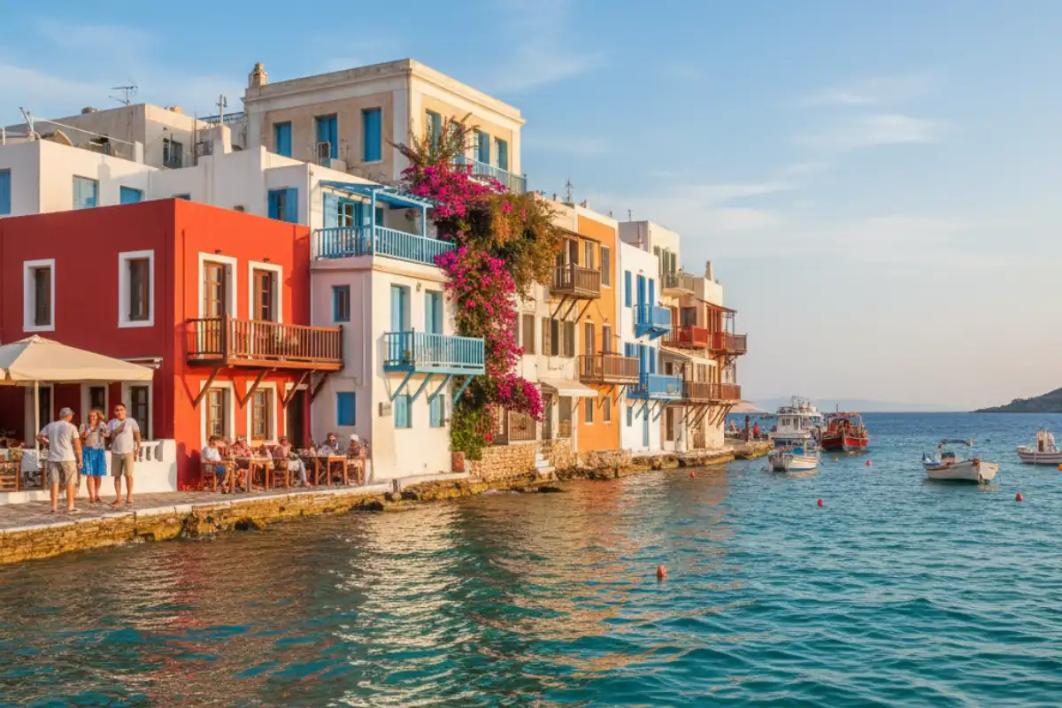 Colorful Venetian-style houses with balconies hanging over the splashing waves of the Aegean Sea