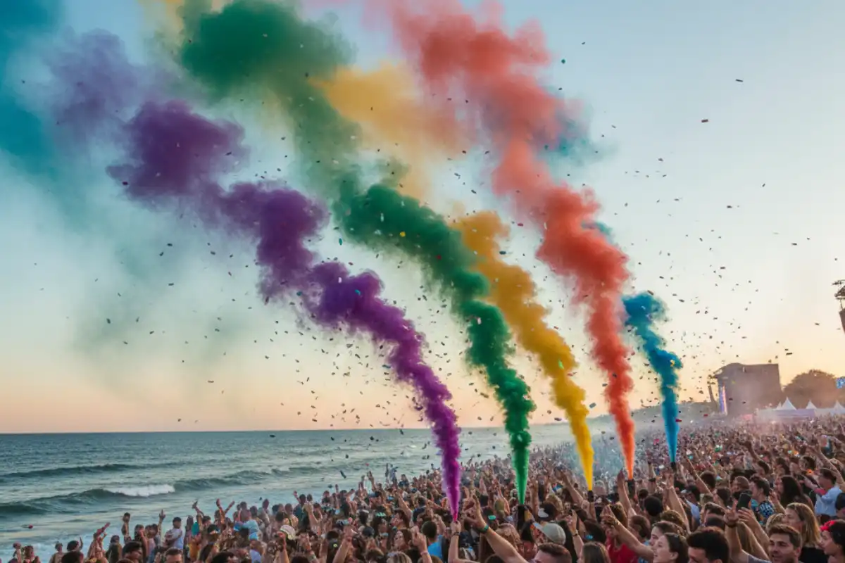 Vibrant colored smoke flares rising above a joyful beach festival crowd