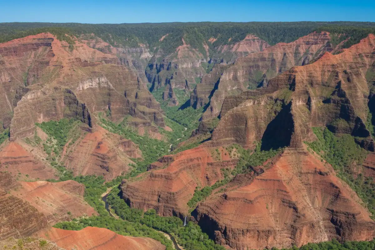 Vibrant red and orange soil of the Waimea Canyon walls contrasting with deep green tropical vegetation under a clear blue sky