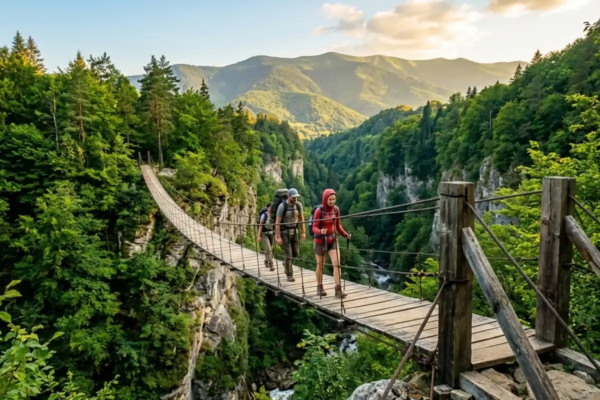 A long wooden suspension bridge stretching across a deep jungle canyon with lush green mountains in the distance