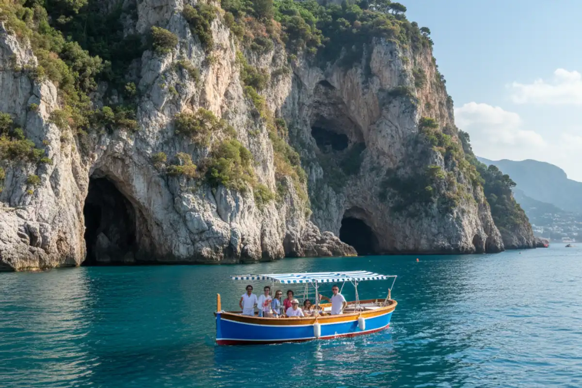 A classic wooden gozzo boat gliding past the sheer limestone cliffs and sea caves of the Amalfi coastline