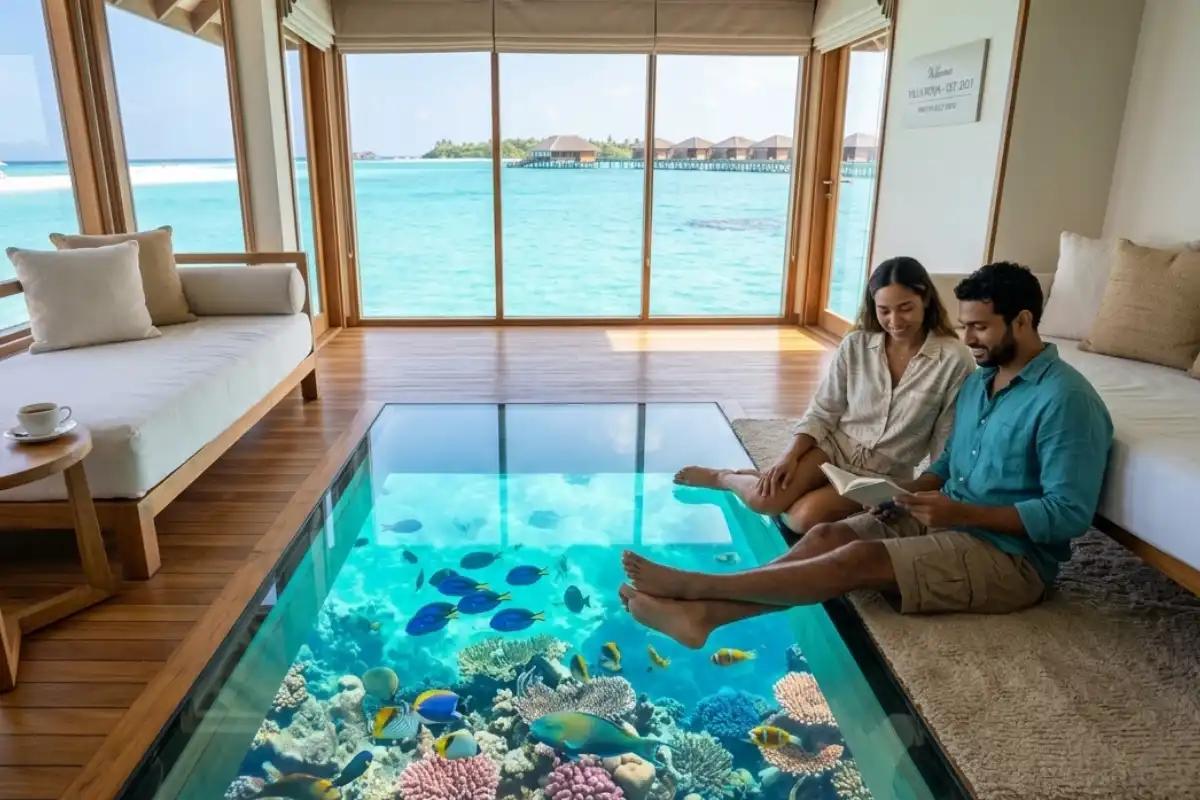 The interior of a high-end overwater villa featuring a glass floor panel revealing a colorful coral reef with tropical fish swimming beneath the room